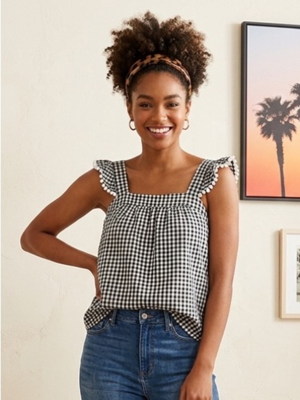 ELLE Plaid Checkered Modern Pleated Top S